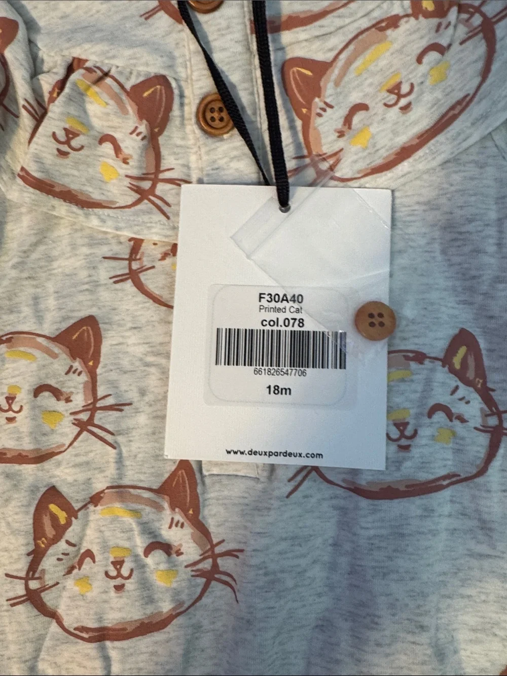 deux par deux Gray Romper with Pink and Yellow Cat Faces